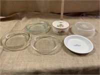 Three glass 9” Pyrex pie plates, Corning ware 9”