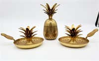 Brass Pineapple Candlesticks & Container