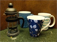 French Press & Blue Mugs