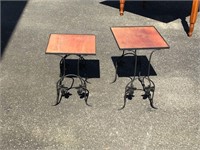 2 WROUGHT IRON TABLES WITH WOOD TOPS