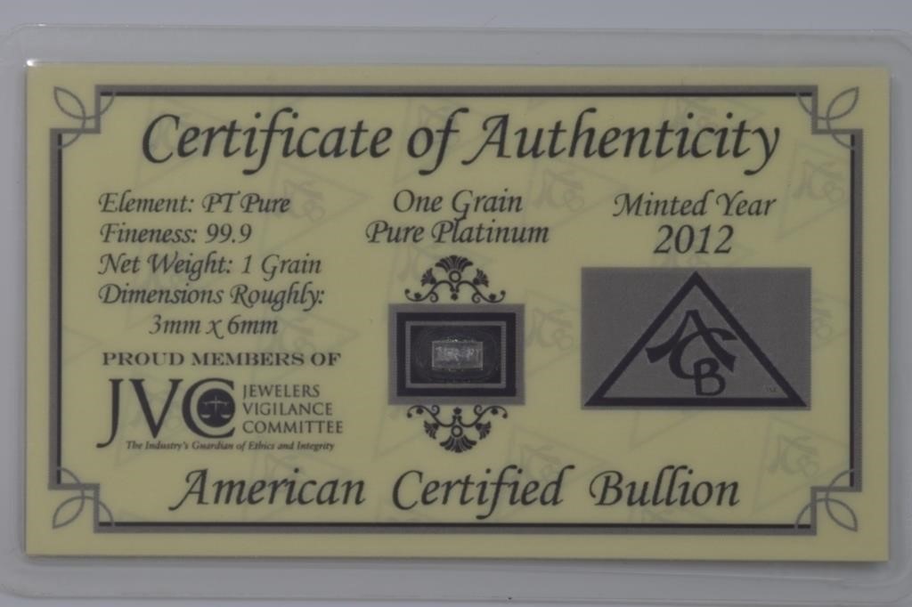 2012 Carded 1 grain Pure Platinum