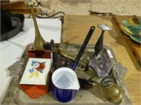 SILVER TRAY W/ MATCH HOLDER, BRASS, ETC.