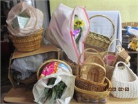 LARGE ASST WICKER BASKETS, FLOWERS AND WREATH BASE