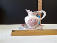 Vntg. Red Toile Cream Pitcher/Bowl