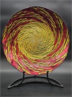 Decorative Yellow & Red Glass Plate on Metal Stand