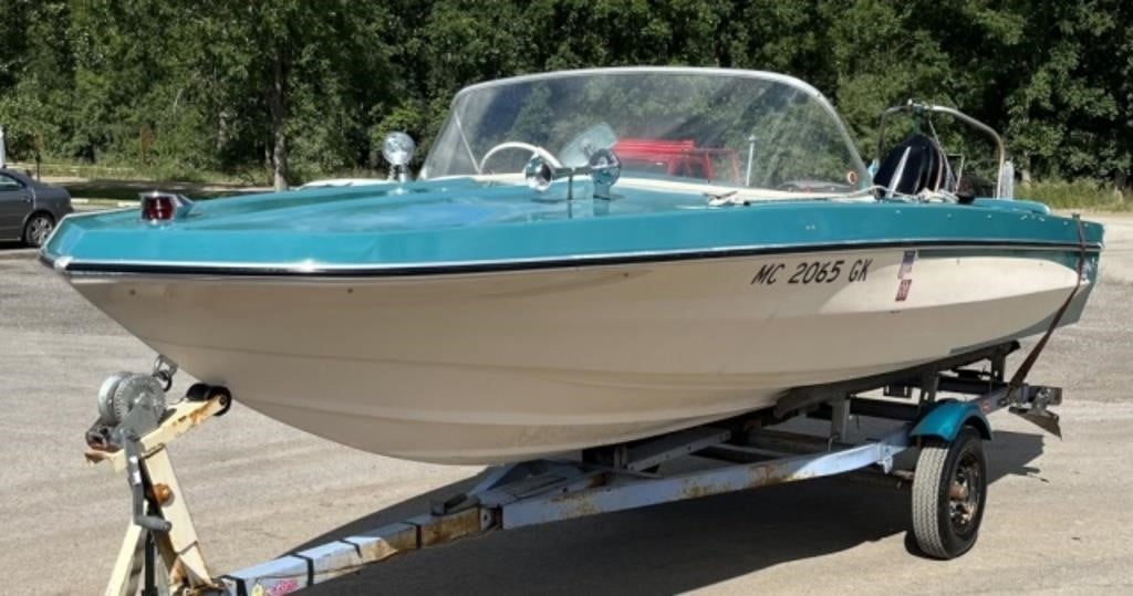 Vintage Glastron boat with trailer and Mercury