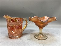 Marigold Carnival Glass Pitcher & Candy Dish