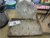 Glass punch bowl, glasses, and server
