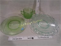 Vaseline Glass Plate, Sugar Bowl & Green Plate