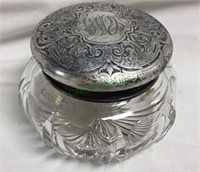Sterling silver top cut glass powder jar, 3 1/2