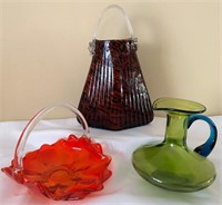 Blown Colored Glass Vase, Pitcher & Candy Dish