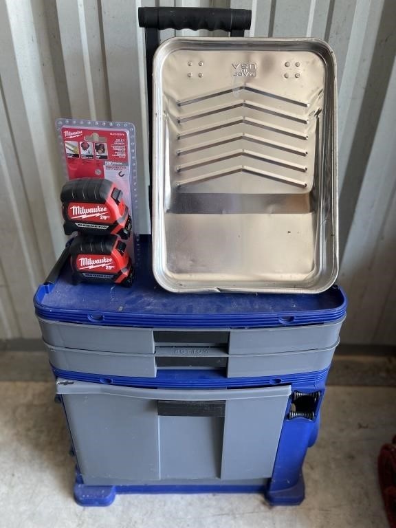 MOBILE TOOL CADDY W/2 NEW MILWAUKEE 25FT TAPE MEAS