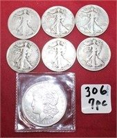 7pc 1921 Morgan Silver Dollars MS60, (6) Walking