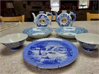 Blue and White Porcelain Bowls, Tea Pots & Plates