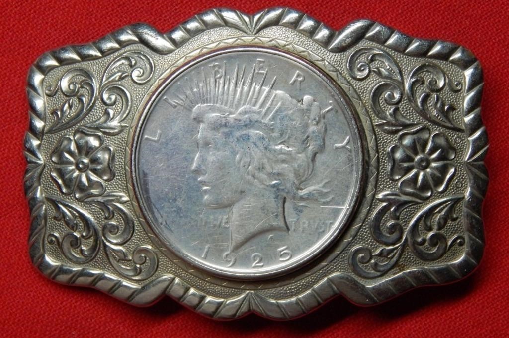 1925 Peace Silver Dollar in Belt Buckle