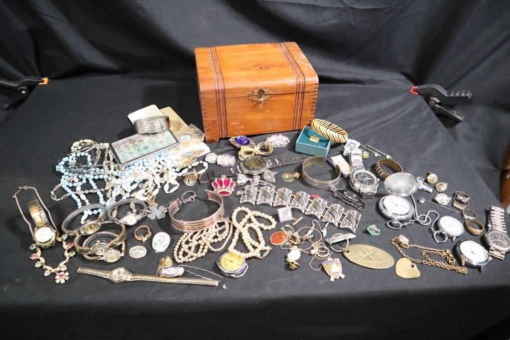 Costume jewellery & watches lot in wooden box