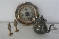 Silver teapot, tray and shakers