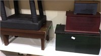 Shelf lot, 2 wood benches, 3 wood boxes,