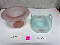Vtg Lancaster Blue Satin Bowl&Pink pedestal Bowl