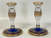 PRETTY PAIR OF CLEAR & COBALT GLASS CANDLE STICKS