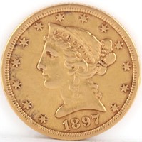 1897 90% GOLD AMERICAN $5 LIBERTY HEAD COIN