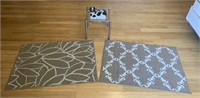 Nightstand, rugs, cow door stopper