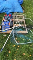 Pallet of 3 fishing nets and 4 life jackets