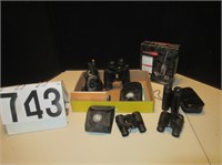 Assorted binoculars, 2-way radio set