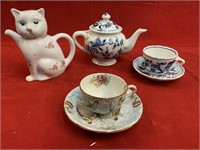 Cat Teapot, Blue & White Teapot, (2) Cups & Saucer