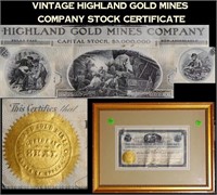 Vintage Highland Gold Mines Company Stock Certific