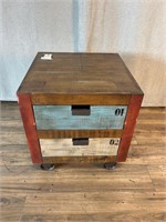 2 Drawer Rolling End Table Rustic Red Blue