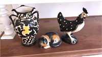 Ceramic rooster, kitty cat, pottery three handle