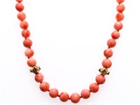 16" Long Coral Bead Necklace w/ 14kt Gold Clasp &