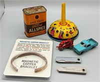 LOT OF SMALL ANTIQUES W/ TIN, TOOTSIETOY & MORE