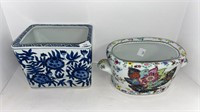 (2) ceramic flower pots (Tobacco Leaf & blue/white
