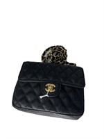 CC Chain Strap Half-Flap Black Quilted Leather Bag