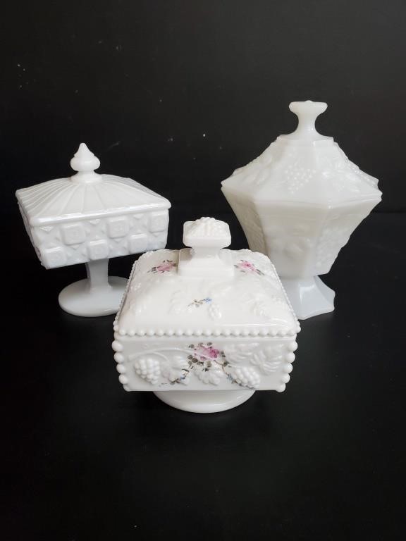 3 Covered Vintage  Milk Glass Cand Bowls
