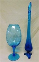 Mid Century Tall Blue Glass Snifter and  Vase.