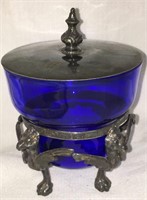 Cobalt Glass Bowl In Silver Plate Paw Foot Base