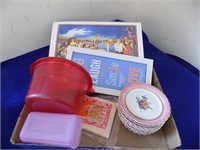 Tray Lot Assorted Dishes, Silverware, Containers