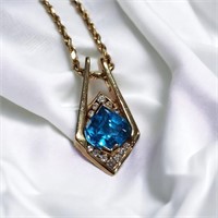 14K Yellow Gold Blue Topaz, Diamond Pendant, Chain