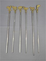 Lot Of 6 Brass Top Animal Themed Skewers