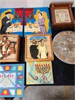Vintage Judaica needlepoints, music boxes, award