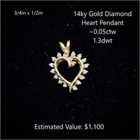 14kt Diamond Heart Pendant, ~0.05ctw, 1.3dwt