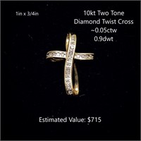 10kt Two Tone Diamond Twist Cross, ~0.05ctw