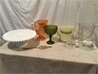 Glass Pitchers, Cream & Sugar Set, & Cake Plate