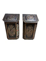 Pair of Metal Floral Painted Bin with Lid