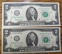 $4 Consecutive serial number uncirculated $2