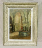 French Oil on Canvas of a Church Interior, Signed.