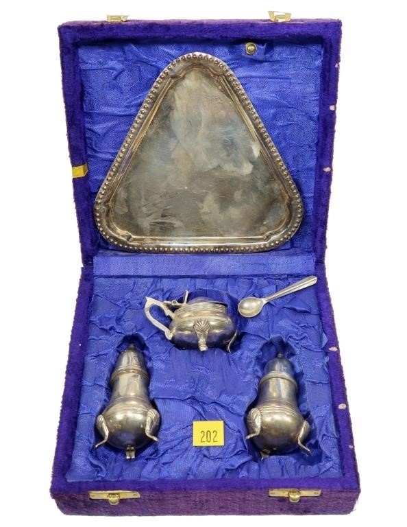 Silver plated 5-pc. condiment set in velvet case